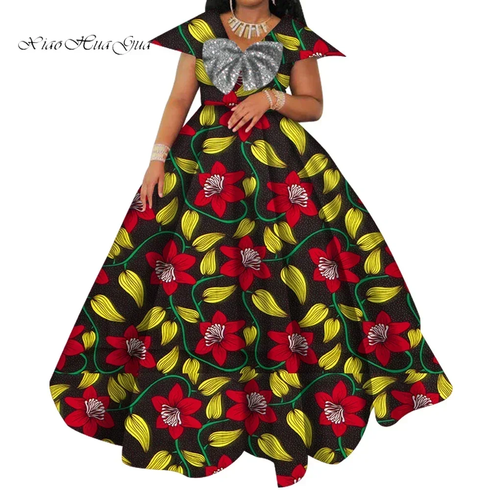 Bazin Riche African Print Dresses for Women Short Sleeve Long Wedding Dress Party Vestido Cotton Women African Clothing WY6098