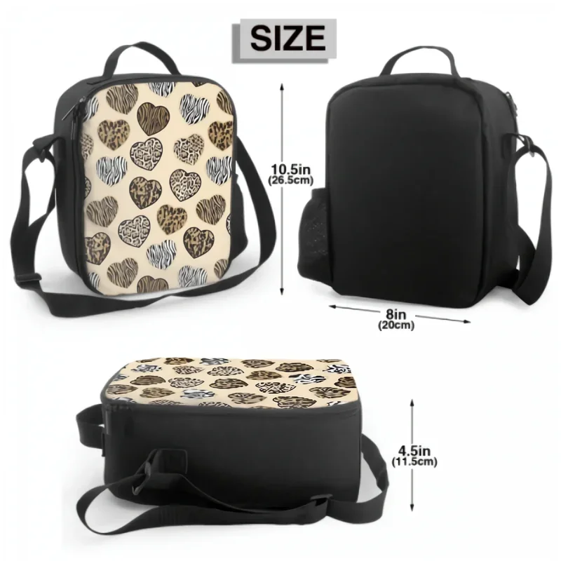 Sacos térmicos isolados do almoço para meninos e meninas, recipiente lavável do almoço do tote para o curso, cópia da zebra do leopardo, padrão das formas do coração