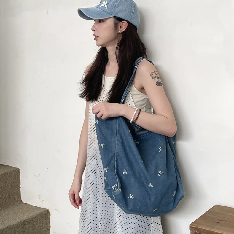 

Large Capacity Bow Design Solid Color Soft Denim Shoulder Bags for Women Korean Fashion Female Shopper Shopping Handbags