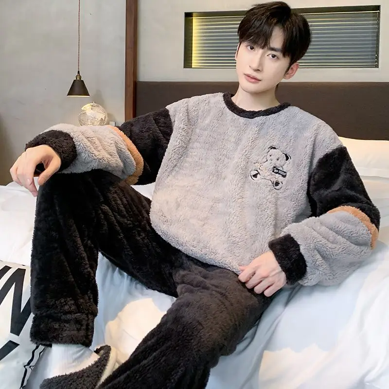 

Зимние толстые теплые фланелевые пижамные комплекты с длинными рукавами для мужчин, корейская милая одежда для сна с героями мультфильмов, мужская домашняя одежда, домашняя одежда