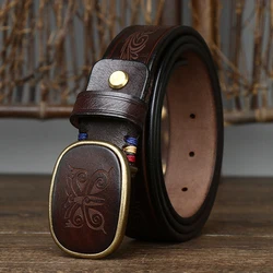 3.5CM Pure Cowhide High Quality Genuine Leather Belts for Men Laser Engraving Strap Male Smooth Buckle Jeans Cowboy Luxury