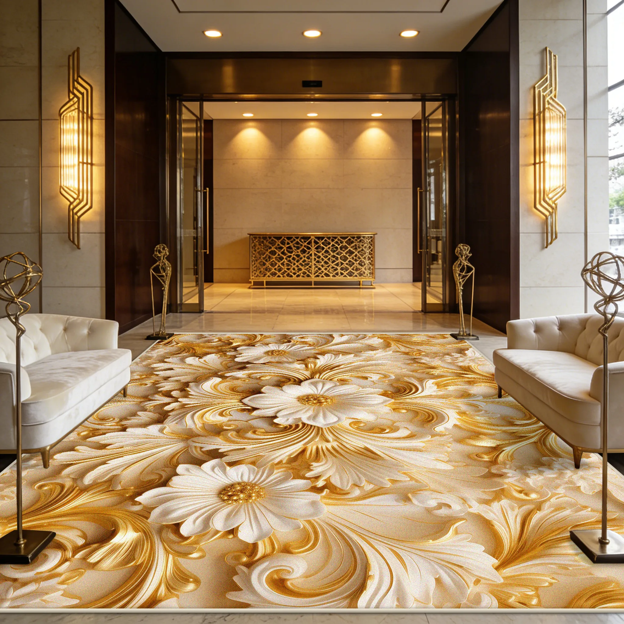 

European Golden Flower Luxury Carpets for Living Room Easy Clean Fluffy Hotel Lobby Rug Large Area Non-slip Wedding Floor Mats