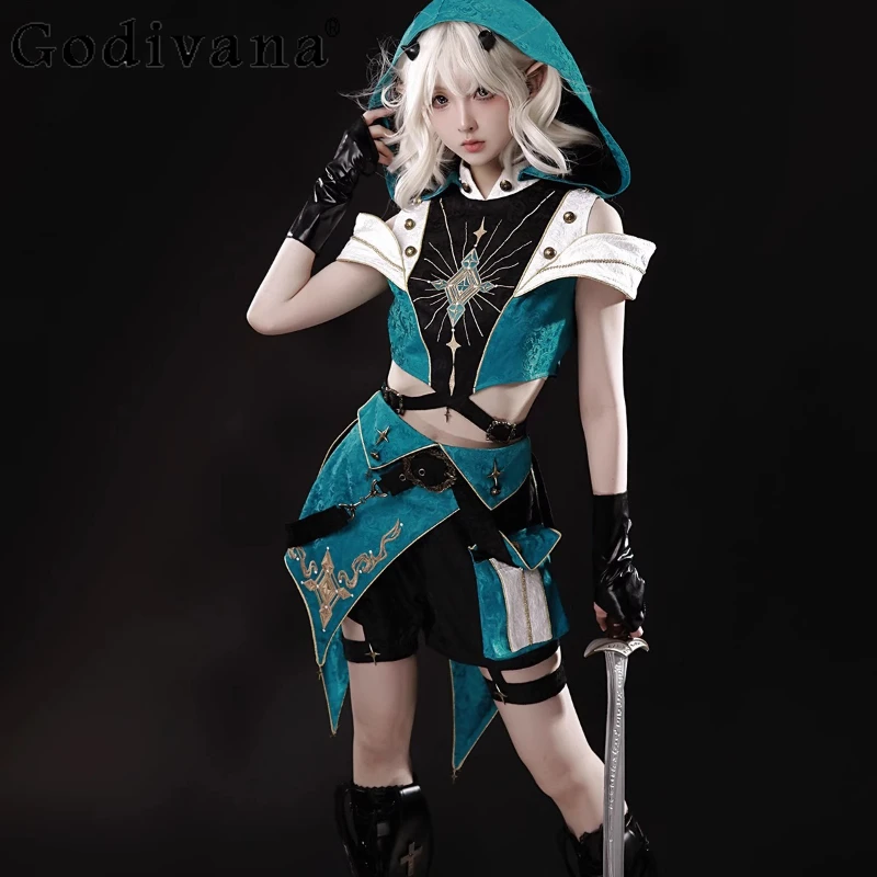 

Women Halloween Two Piece Set Lolita Traveler Prince Shorts Suit Autumn Clothes Female Hooded Top Shorts Cos Role Play Outfits