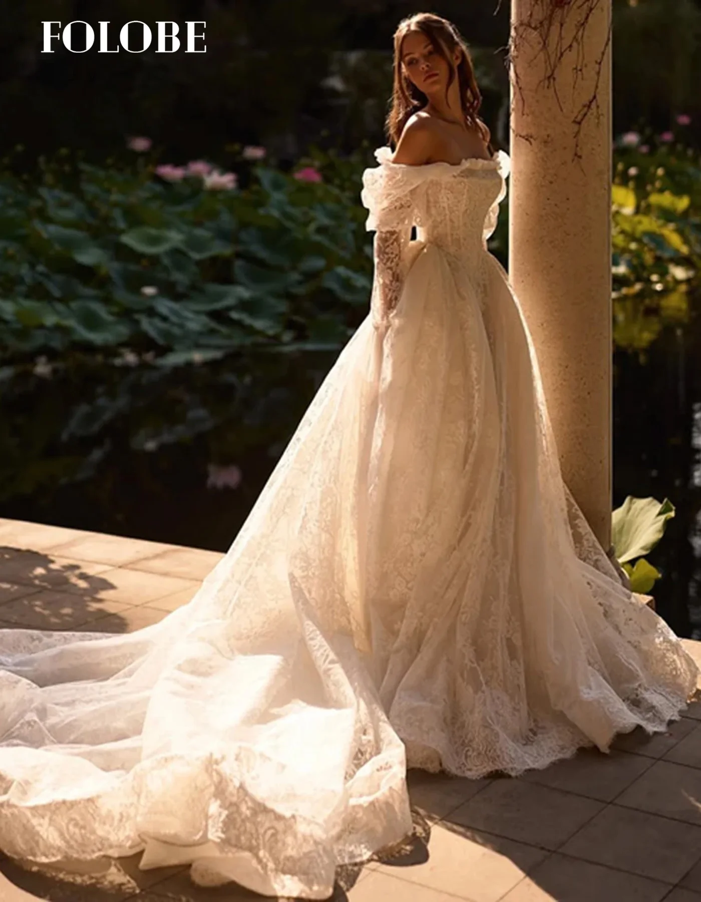 FOLOBE Off White 2025, A-Linie, Prinzessin, Spitze, Hochzeitskleid mit Jacke, Vintage, romantisches Brautkleid mit quadratischem Kragen, individuell gestaltet