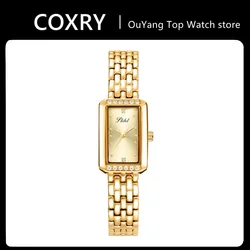 Reloj de pulsera para mujer, marca de lujo, cuarzo, esfera cuadrada con diamantes de imitación, correa de acero inoxidable, reloj dorado resistente al agua para mujer SKHL1901