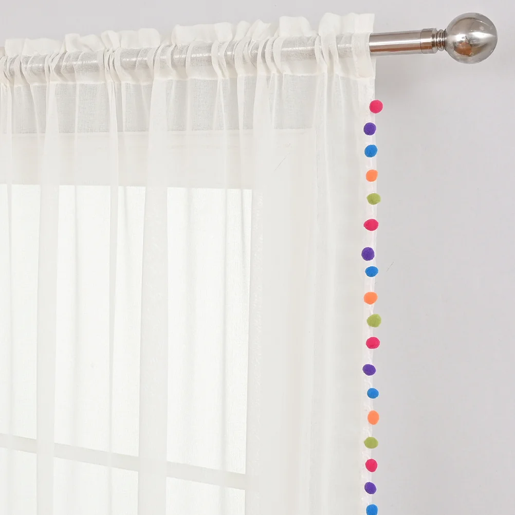 

Polyester Short Curtain Colorful Pompom Kitchen Bedroom Window Accessory Fine Workmanship Aesthetic Draped Long Service Life
