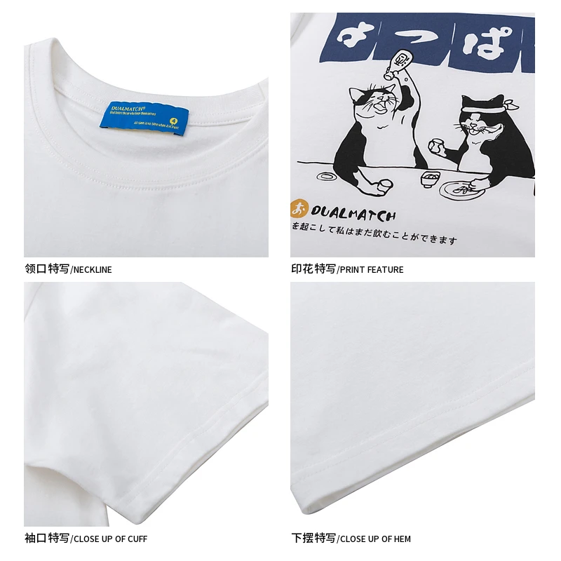 2025 Summer New Japanese Style Fun Cartoon Print Men's Cotton White Short Sleeve T-Shirt Retro Loose Couple Apricot T-Shirt