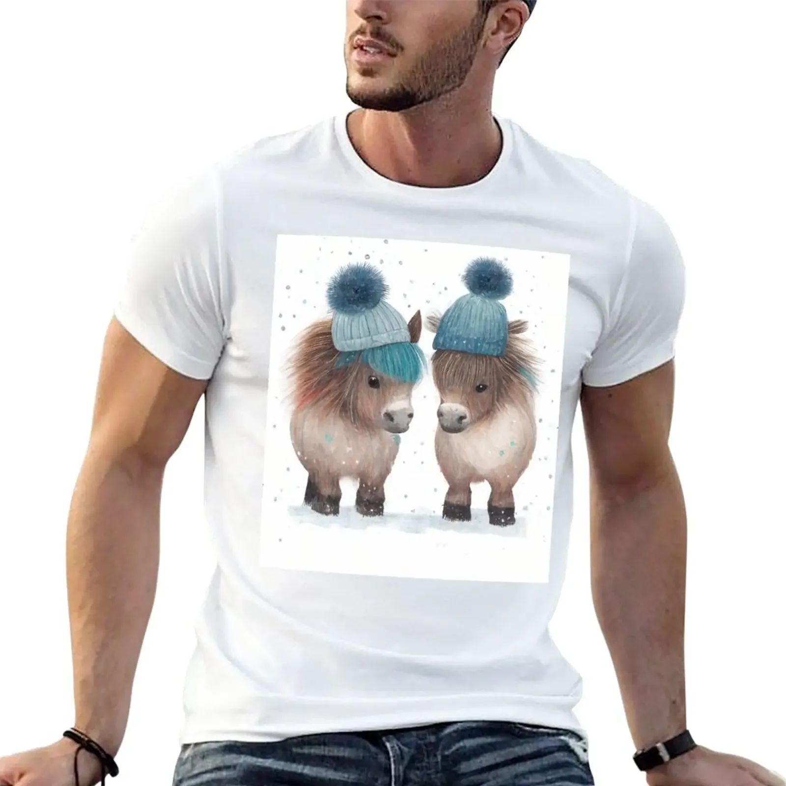 Adorable Pony Friends in the Snow Wearing Pom Pom Hats T-Shirt sports fans funny t shirts for men