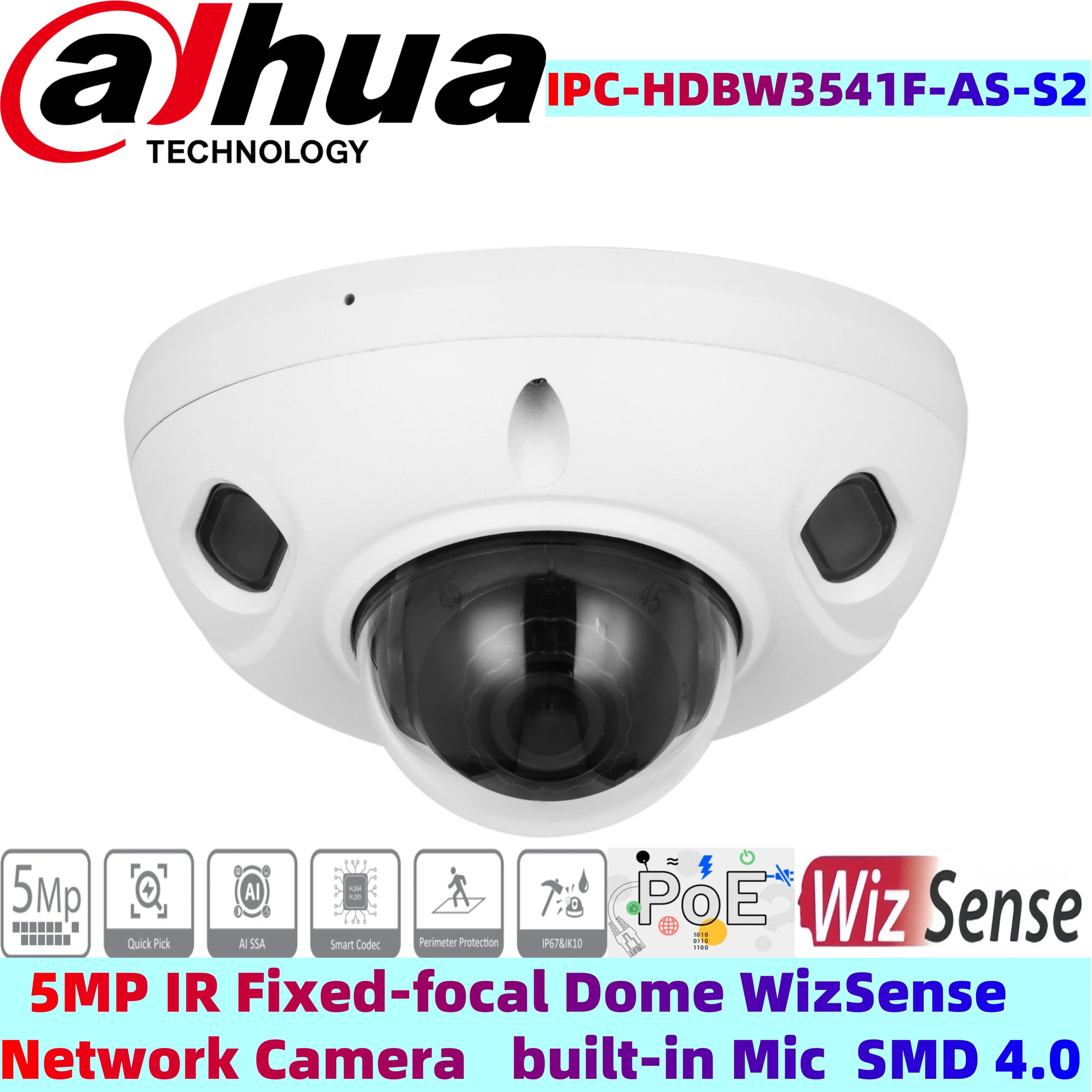 dahua IPC-HDBW3541F-AS-S2 5MP IR Fixed-focal Dome WizSense Network Camera SMD 4.0, AI SSA With AI NVR Built-in IR LED, max POE