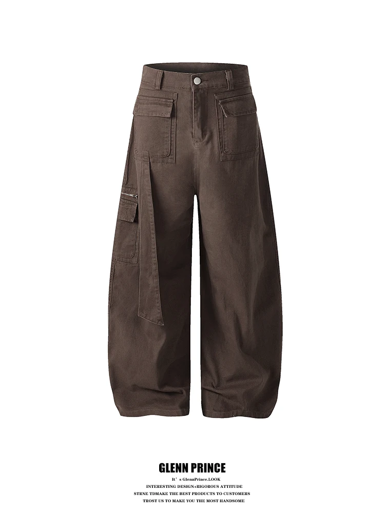 

American Retro 3D Tailoring Men's Loose Casual Pants Multi-Pocket Workwear Brown Cotton Straight Leg High Waist Work Trousers