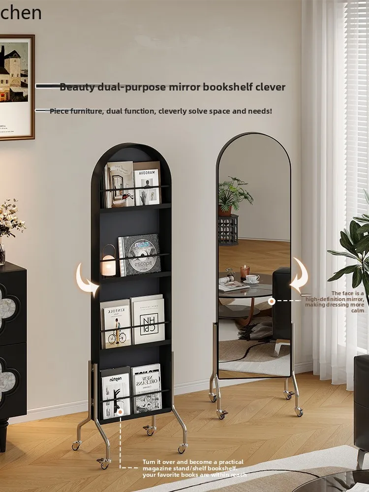 Hptetro estilo sala de estar estante rotativa piso-pé móvel espelho de comprimento total revista rack armário de armazenamento integrado