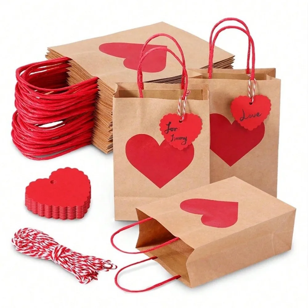 

10/12pcs Red Heart Kraft Kraft Paper Gift Bags Handheld DIY LOVE Gift Packing Bag Romantic Candy Packaging Bag Wedding Party