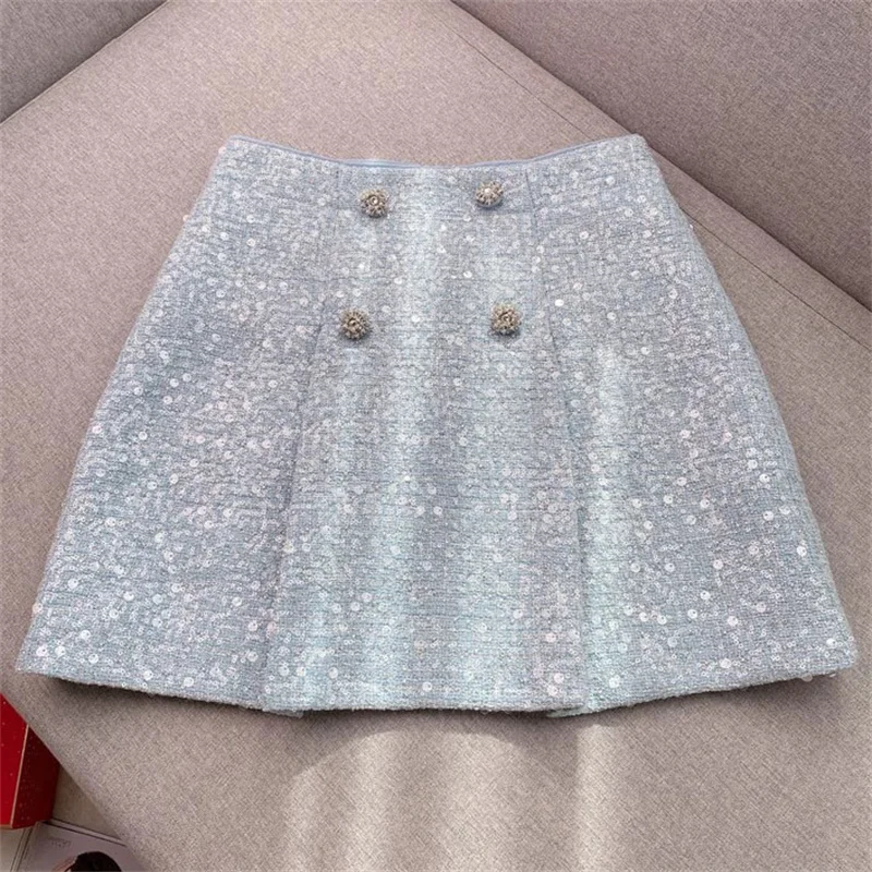 Woman jackets 2024 Summer New in outerwears Fashion Sequin blend Round Neck Long Sleeve Top Shining button decoration Women coat