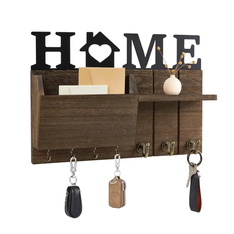 Wooden Wall Key Holder, Decorative Key and Mail Holder with Shelf Has Large Key Hooks for Bags, Coats, Umbrella