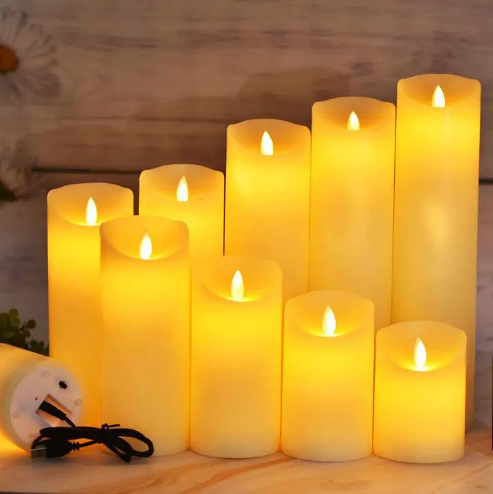 Candela elettrica senza fiamma ricaricabile USB avorio Dippless paraffina Wax Dancing Moving wick Pillar Candle Home Bar Wedding Decor