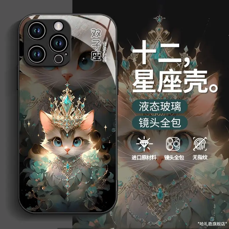 For 12 Zodiac Cat Iphone 15 Phone Iphone 14 Pro Liquid Glass 13 Creative 12/11 Case