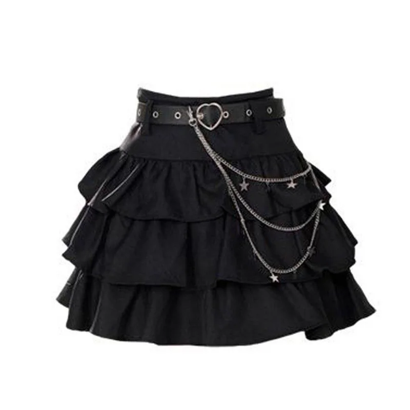 

Black Harajuku Y2K Mini Skirt Women Tierred Gothic Chain Belt Skirt Fashion High Street Chic A Line Sweet American Puffy Skirt