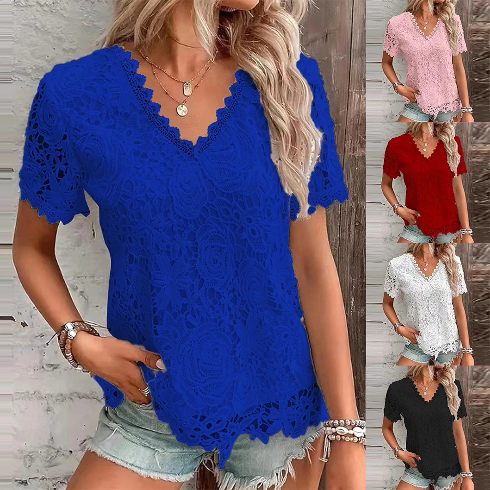 Summer Tops Blouse For Womens Solid Lace V Neck Short Sleeve Casual T-shirts Ladies Loose Business Blouse Holiday Tops Tees