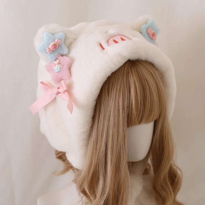 Pequeño cerdo suave lindo dulce lindo otoño e invierno hecho a mano Baotou sombrero versátil Lolita felpa olla sombrero