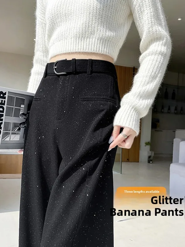 Early Autumn High Waist Glitter Wide Leg Pants Women's Floor Length Slimming Hip Covering Straight Cut Casual Trousers