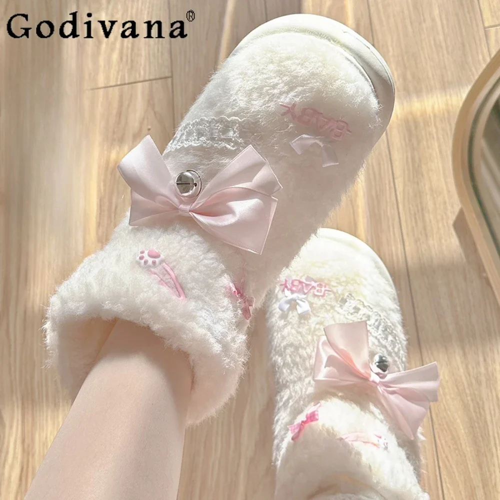 

Furry Thick-soled Snow Boots Winter Round Head Short Tube Non-slip Bow Velvet Cotton Shoes Women Boot