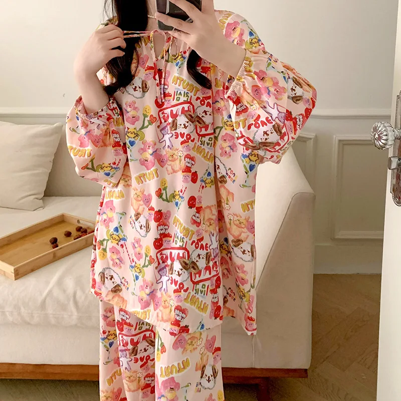 

New Rose Printed Women Pajamas Set Cute Long Sleeves Long Pants Soft Sleepwear Cozy Pyjamas Girl Pijamas Ladies Nighty Clothes