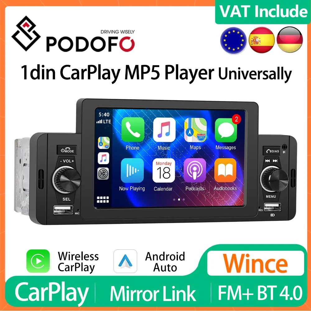 Podofo 1din CarPlay MP5 Player Radio 5