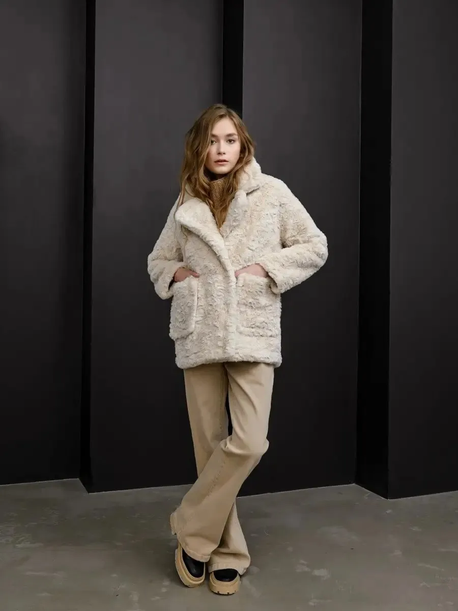 Faux Rabbit Fur Women Coats Solid Overcoats Long Sleeves Turn Down Collar Single Breasted Thick Loose Casual Autumn Winter 2025