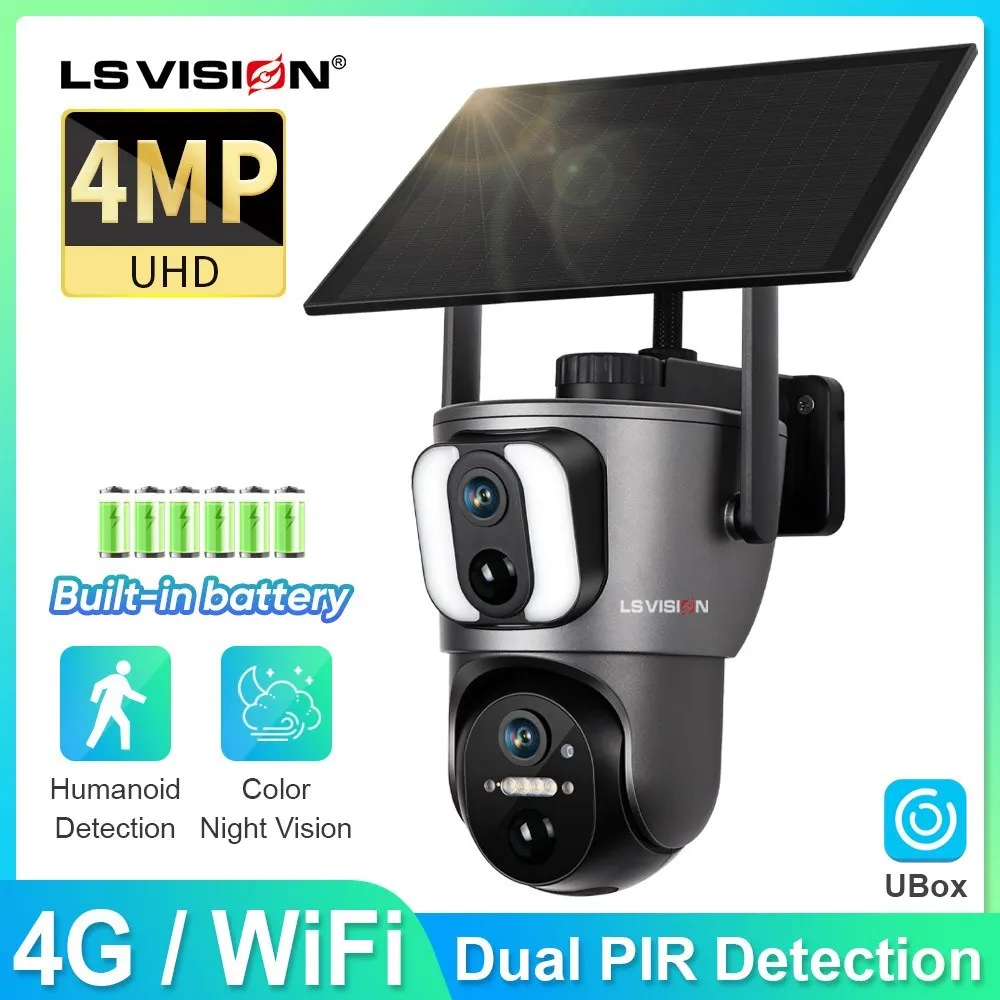 

LS VISION 4G Solar Camera Outdoor 4MP Wifi Surveillance Cameras Dual Screens External 360° PTZ CCTV Auto Tracking Waterproof