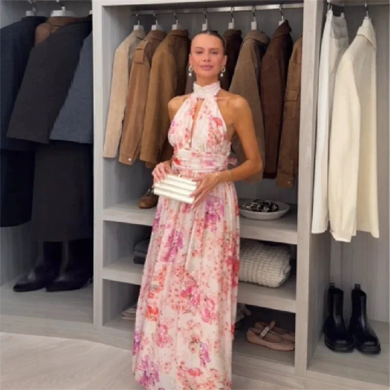 Romantic Pink Floral Print Halter Neck Maxi Dress Cutout Sleeveless Women Gown Flowy Chiffon Summer Vintage Sweet Outfit
