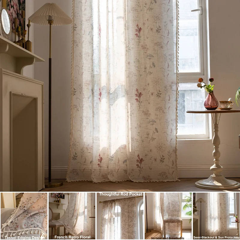 

1PC Boho Beige Curtain with Tassels Semi-Blackout Sunproof Short Curtain Door Partition Curtain for Cafe Home Living Room Decor