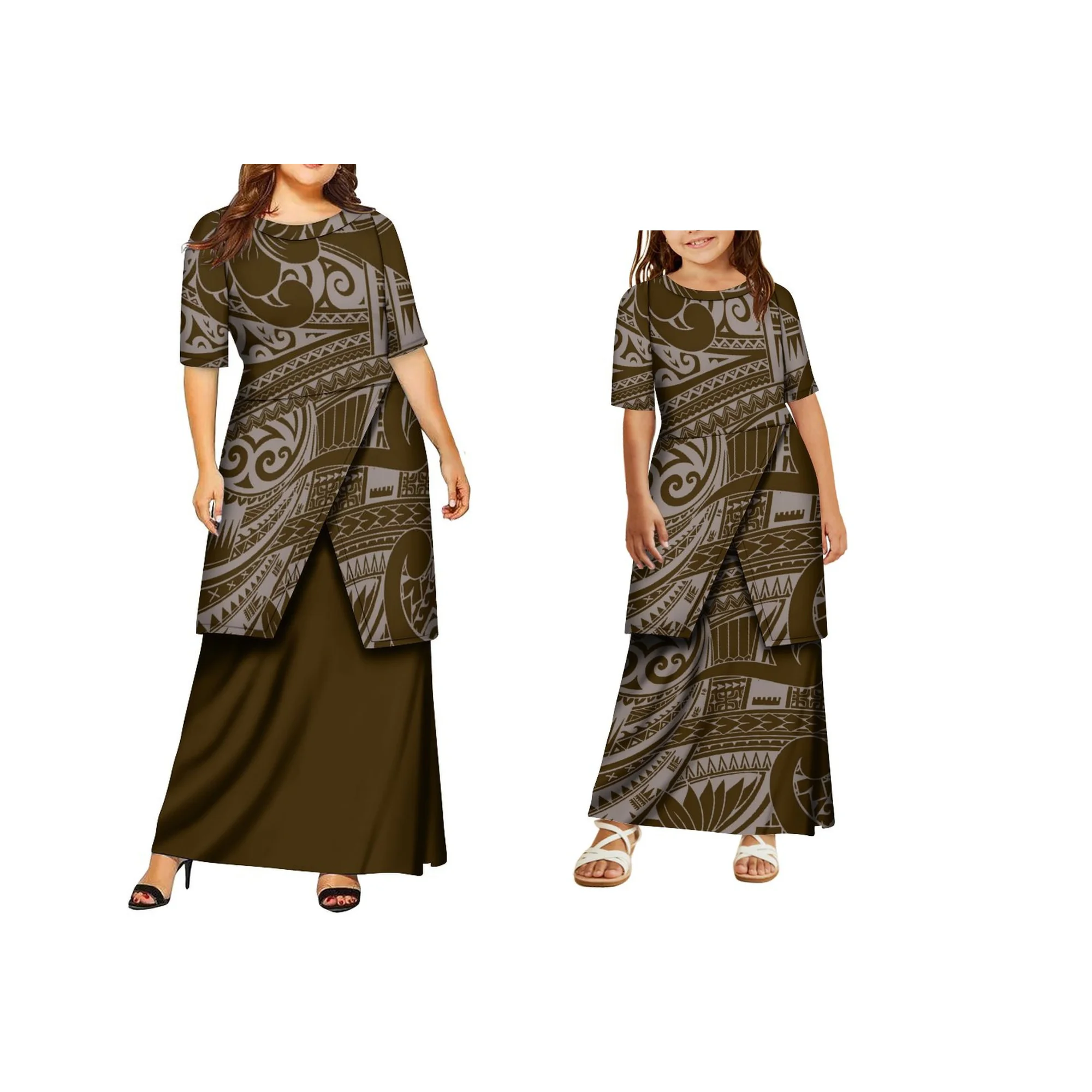 Nova chegada polyneisan tribal senhoras tripulação pescoço mãe e filha vestido personalizado puletasi samoan vestido duas peças conjunto vestido