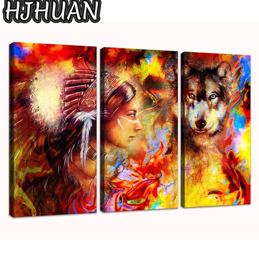 3pcs graffiti art, indian woman full circle square diamond painting Mosaic cross stitch Mosaic home decoration wall paste