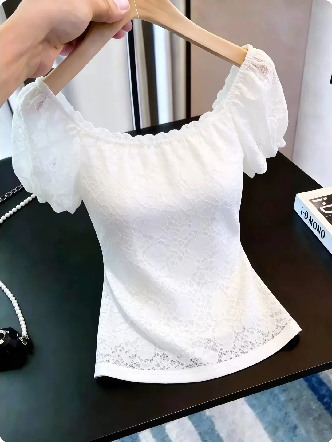 

Fashionable Lace Short Sleeve Women's Top Stylish Versatile Commute Design Summer Slimming Korean Style Silk Blend Blouse