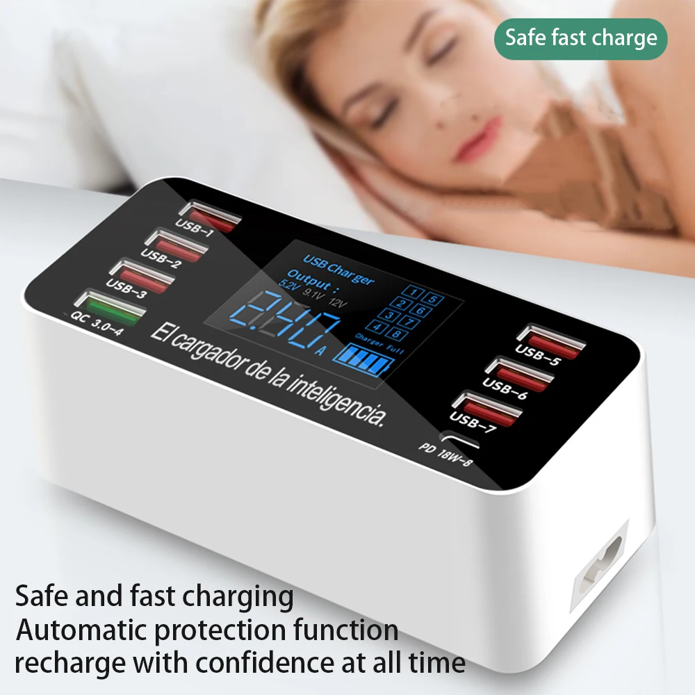 Cargador de teléfono USB QC3.0 de carga rápida de 60W, adaptador de carga rápida de 8 puertos tipo C 20W PD, estación de carga con pantalla LED para iPhone