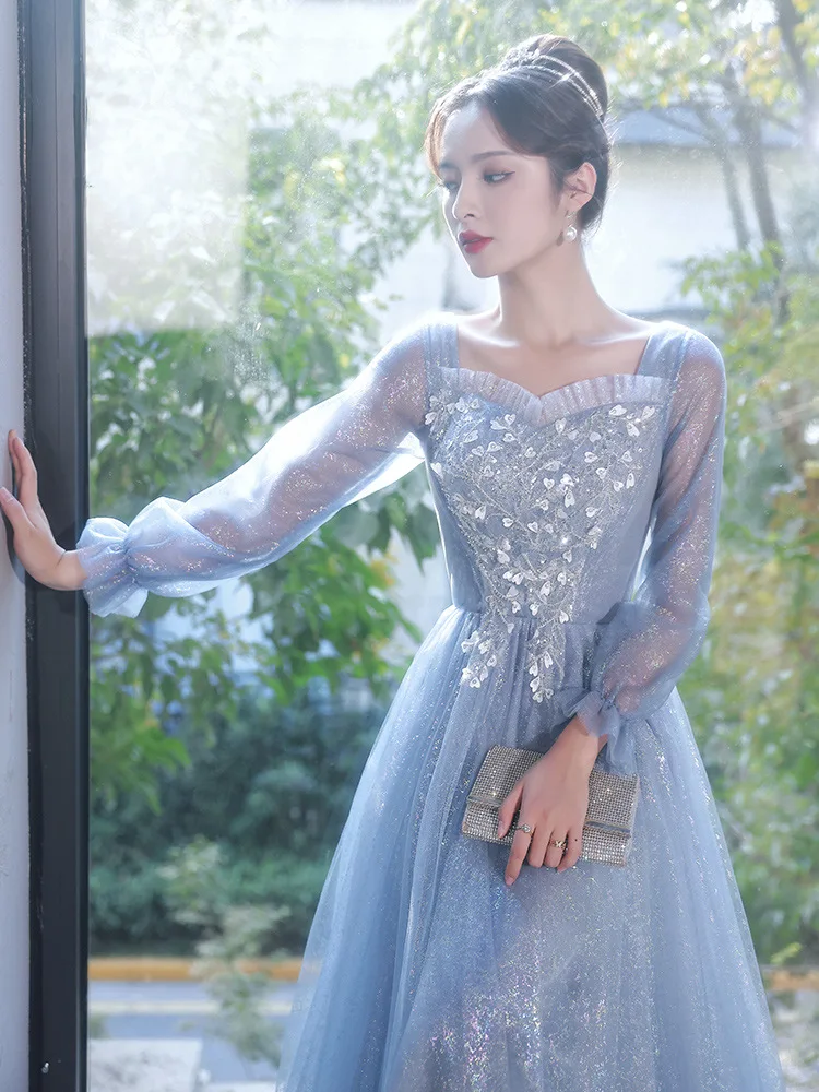 Blue Sexy Applique Lantern Sleeve Back Bandage A-Line Evening Dress Bride Bridesmaid Wedding Tulle Prom Gowns Vestidos