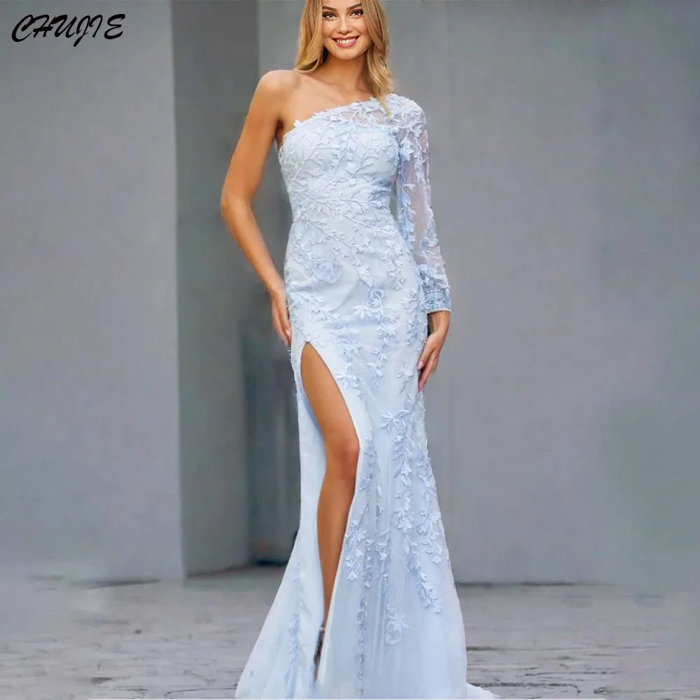 

Full Appliques Light Blue Prom Dress For Woman Mermaid vestidos de noche Floor Length One Long Sleeve Evening Dress Customized