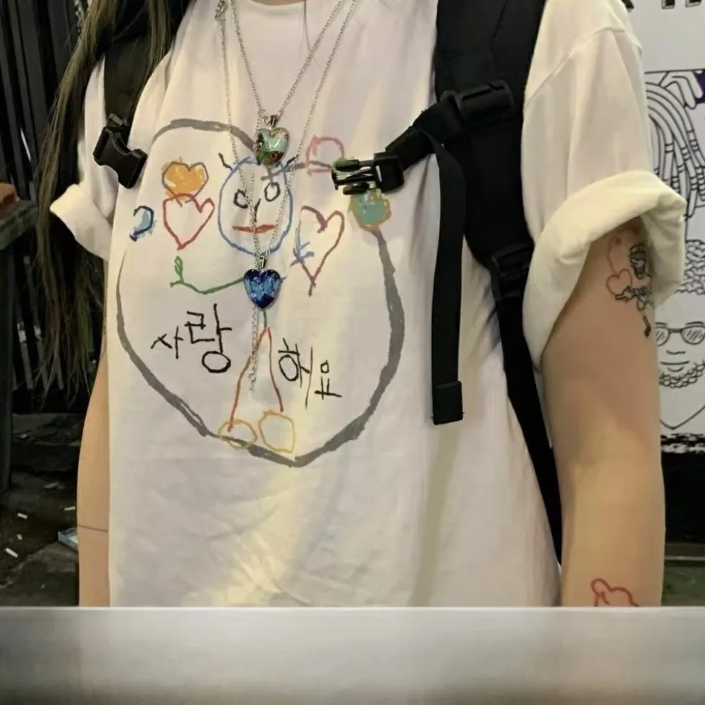 الشارع Sle القطن الخالص Ort Sve تي شيرت زوجين مطابقة القلب Fiti طباعة فضفاضة تناسب الصيف جولة Ne عارضة قمم #2