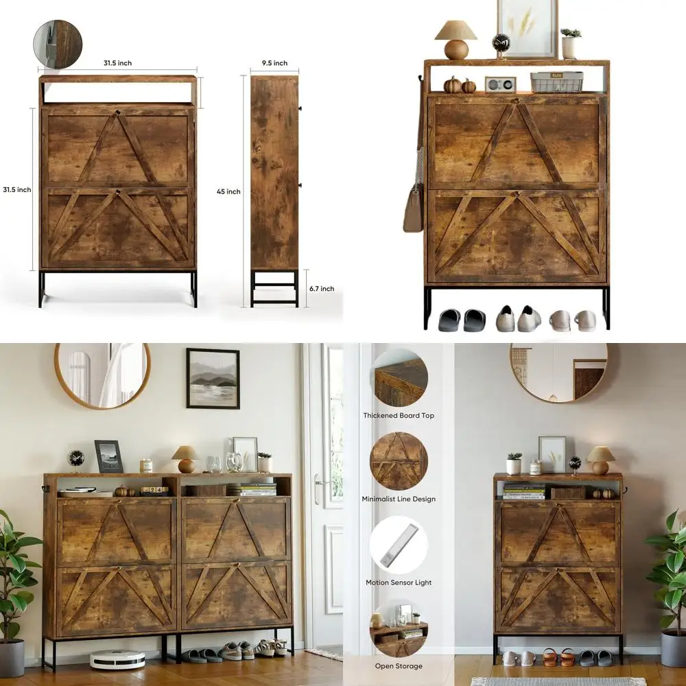 

Modern Wooden Shoe Cabinet with 2 Drawers, Space-saving Storage Organizer, Freestanding Shoe Rack with Motion Sensor Light for E