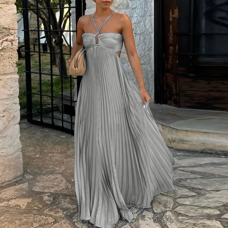 Abiti Sexy Hollow Halter Robe Abiti a pieghe Donna Nuova primavera Solido Vita alta Abito lungo Estate Backless Lace-up Boho Dress