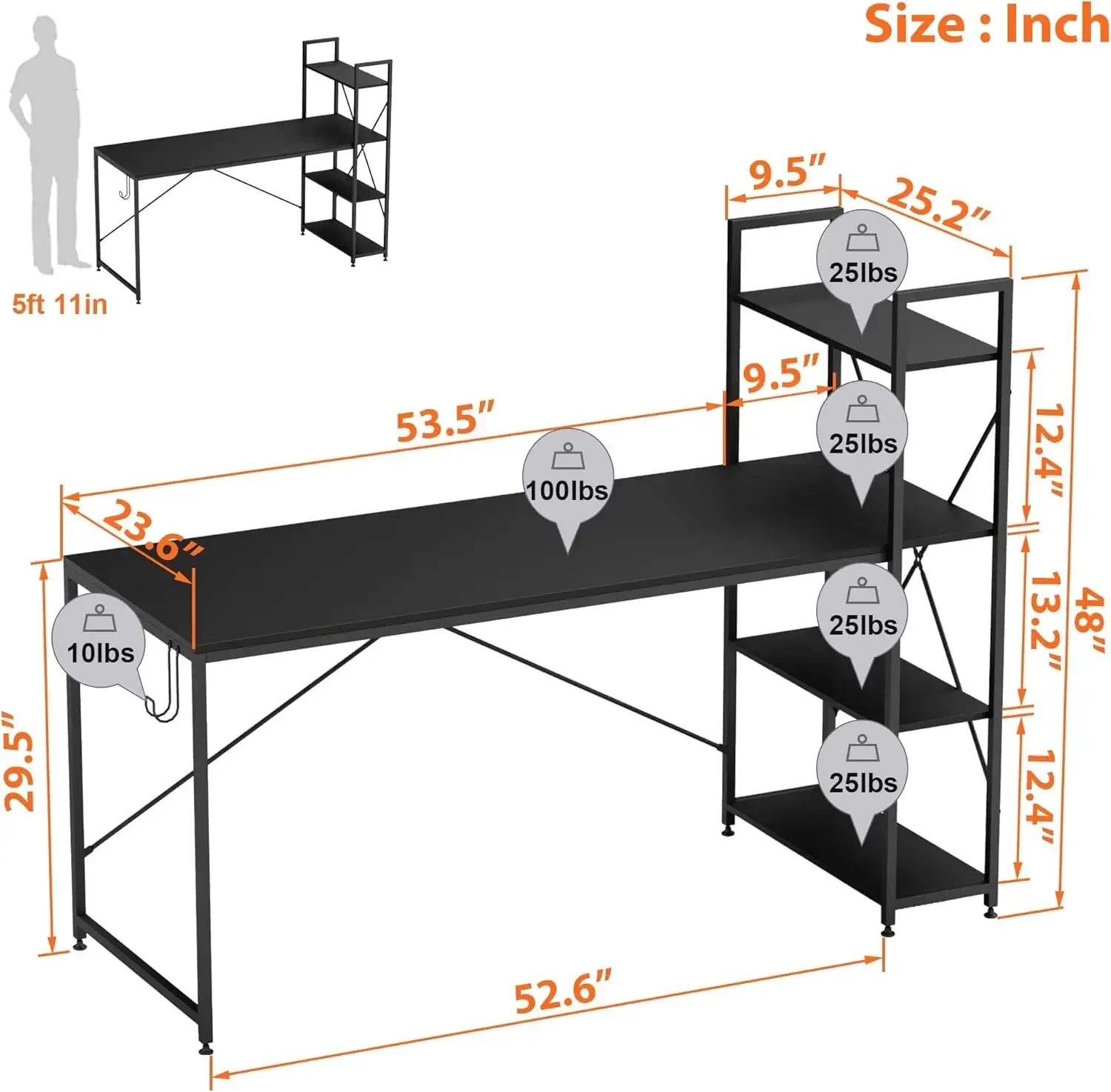 63 Inch Computer Desk with Adjustable Shelves, Simple Writing Desk with Reversible Bookshelf