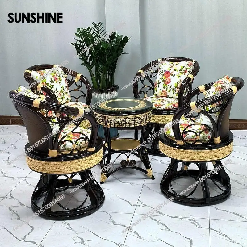 

Balcony rattan chair coffee table three-piece set casual rotating woven backrest small table and chair combination