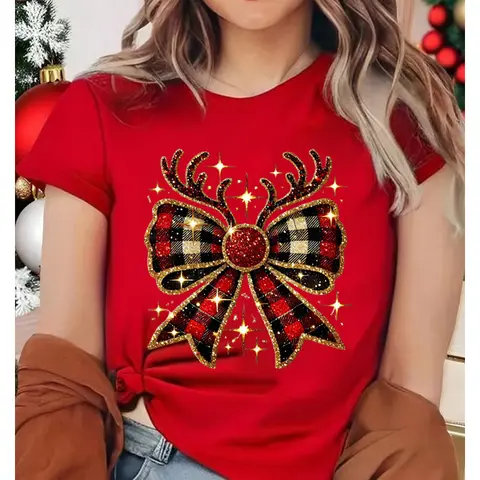 Christmas Reindeer Bow T Shirts Women Xmas Festive Holiday Outfit Round Neck Short Sleeve Tee Christmas Funny Reindeer T-shirt