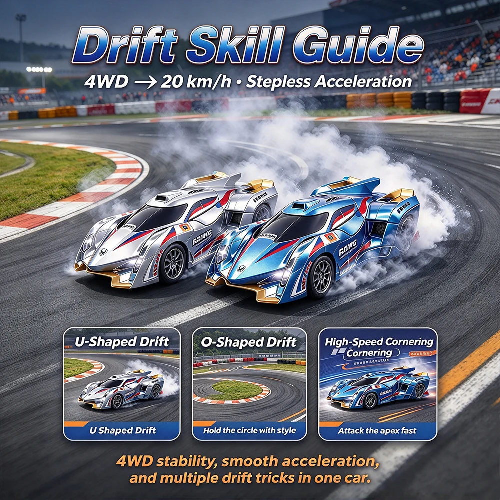 1:24 Scale 4WD RC Drift Car 20KM/H High Speed 2.4G Remote Control Racing Car 360 Degree Drift Switchable LED Light One Key Demo