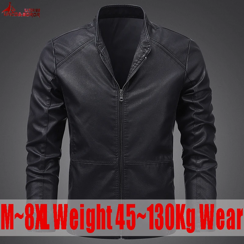 Jaquetas de Couro PU Sintético Masculinas Plus Size 7XL 8XL para Outono Inverno, Gola Alta, Estilo Motoqueiro, Casacos e Agasalhos