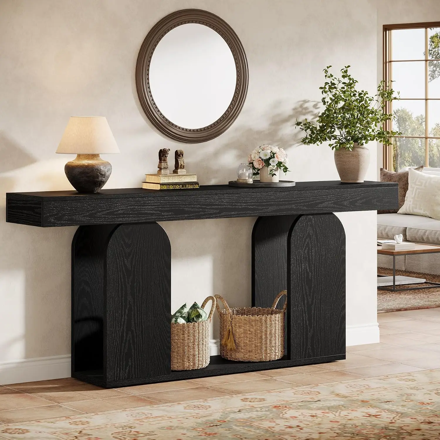 Farmhouse Wood Console Table U-Base 2-Tier Extra Long Sofa Table Entryway Hallway Living Room 70.9
