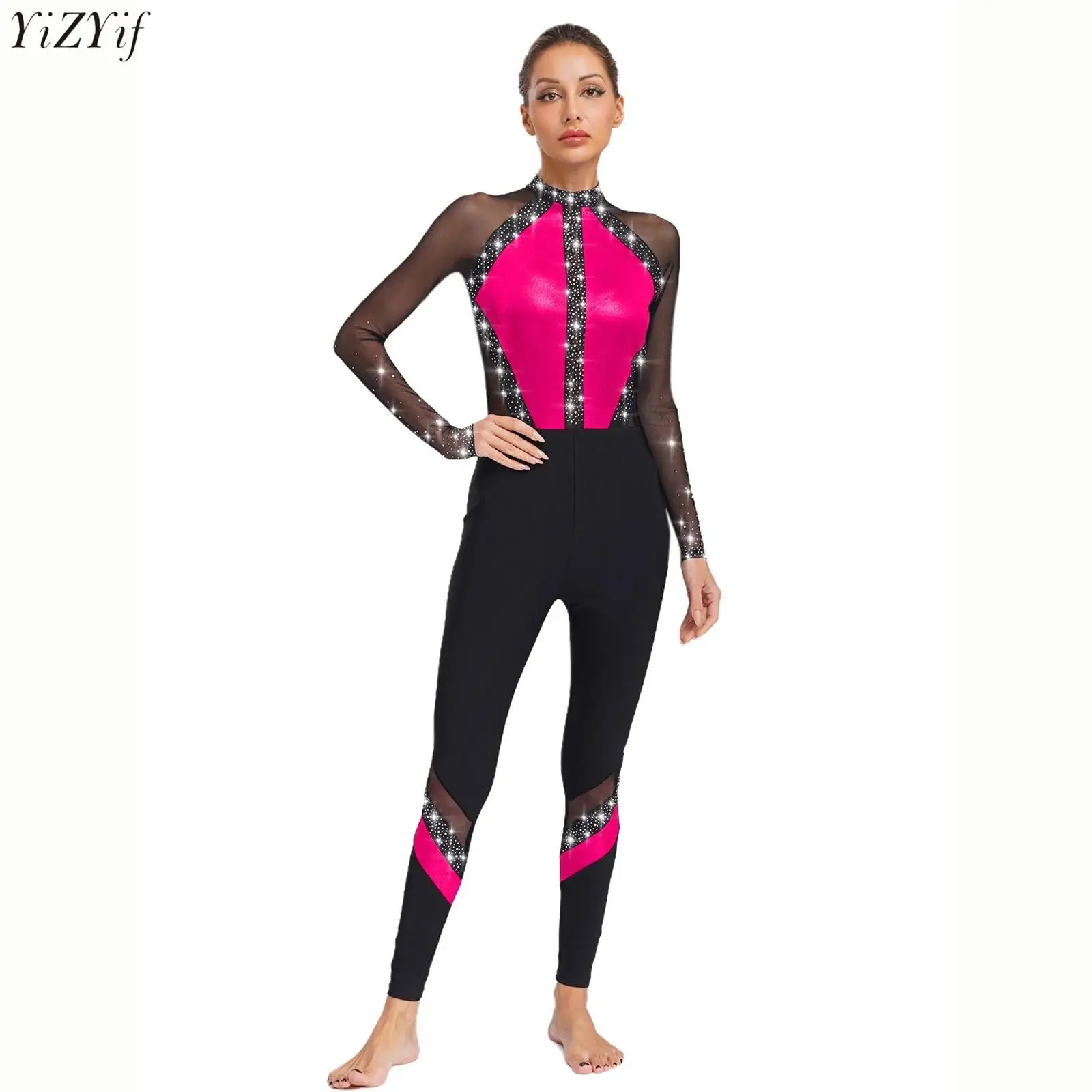 

Womens Sparkling Rhinestones Gymnastics Jumpsuit Full Body Leotard Sheer Mesh Patchwork Color Block Long Sleeve Dance Rompers