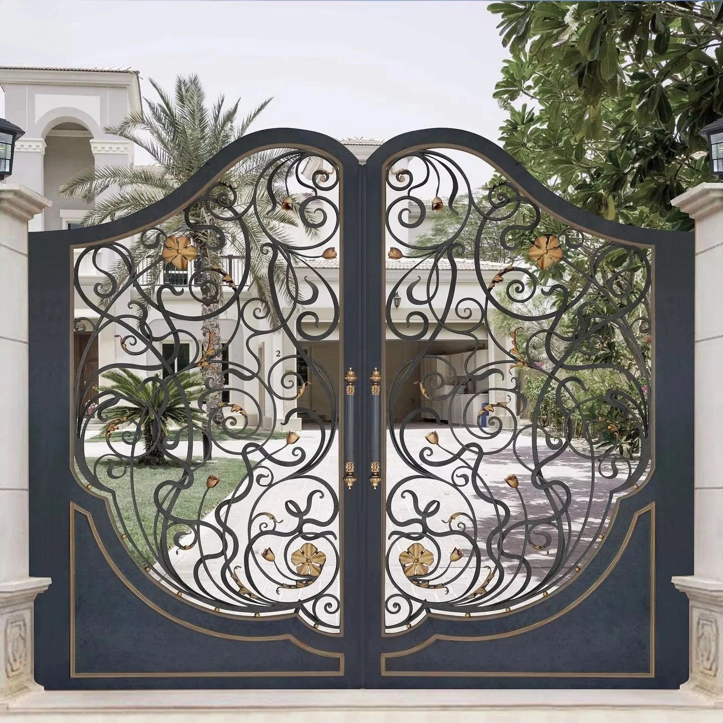 Modern Wrought Design Iron Gate Sliding Street Main Fence Gate For House Driveway Swing Open Style For Villas