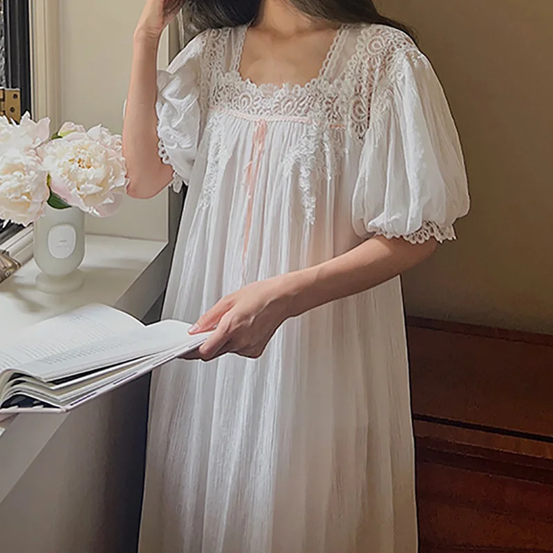 

French Classic Retro Court Sweet Square Collar Lace Nightgown Loose Long Skirt Outside Sleepwear Women's Short Sleeved Summer