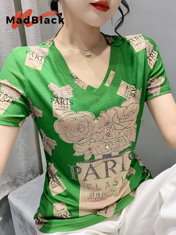 

MadBlack-Women's European T-Shirt, Sexy V Neck Print Diamond, Streetwear Short Sleeve Slim Mesh S-3XL Tee, 2025 Summer T55228CC
